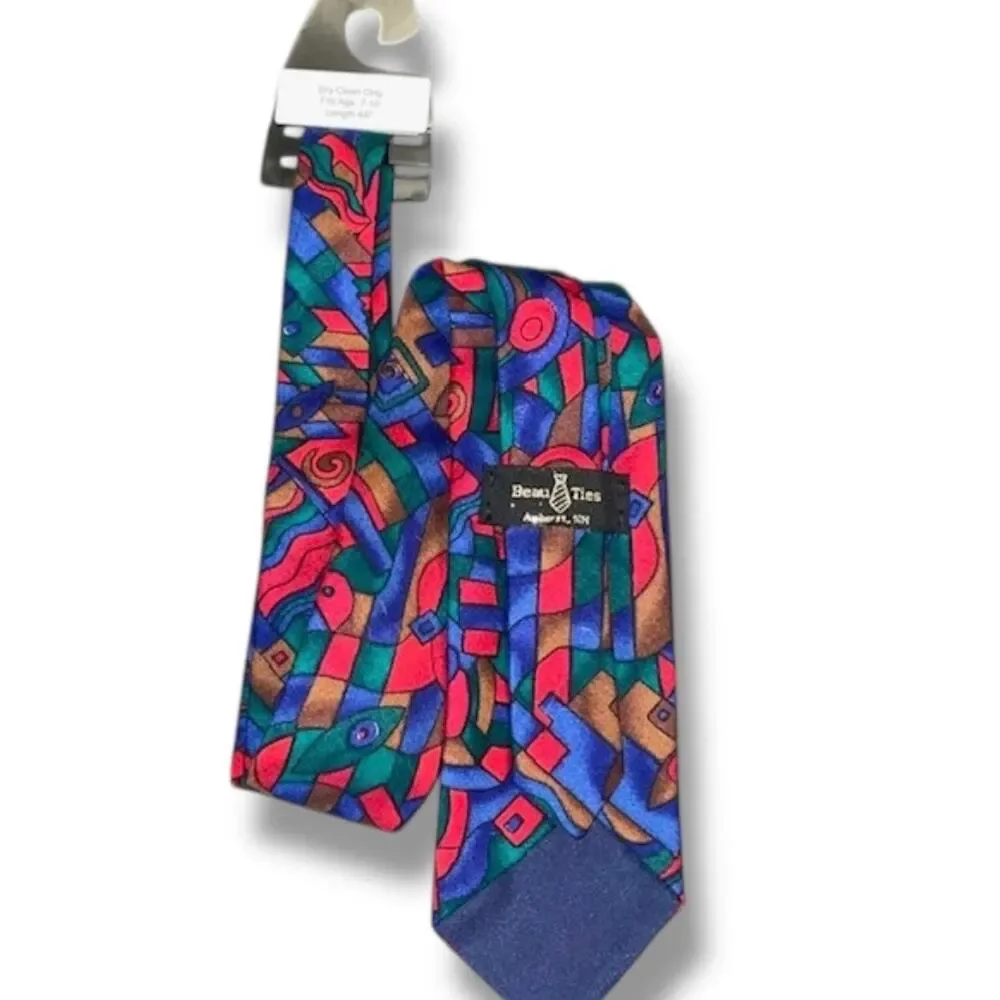 Beau Ties Amherst NH Boys Necktie Blue Red Geometric Silk Tie Ages 7-10 45